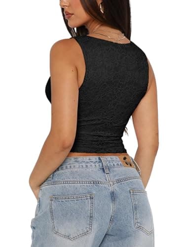 REORIA Womens Summer Tops Sexy V-Neck Sleeveless Double Lined Fashion Going Out Y2K Tank Tops Trendy Lace Slimming Crop Tops for Teen Girls Black Large - Image 2