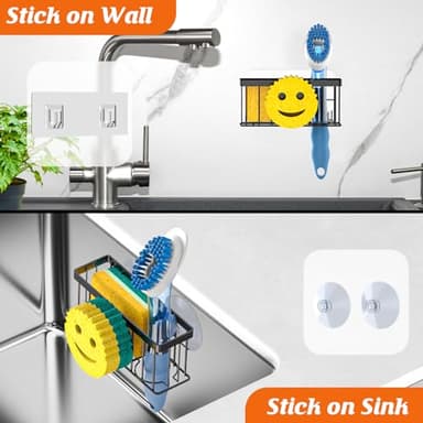 MURLONG Sponge Holder Smiley Face, Sink Caddy for kitchen Sink, Kitchen Organizer Sponge Holder with 2 PCS Suction Cups/1 PCS Adhesive Strips, Designed for Sponge, Soap, Dish brush, Scrubber-Black - Image 7