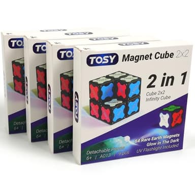 TOSY Magnet Cube 2x2 - 8 Blocks, 2 in 1 Toy: 2x2x2 Puzzle Cube and Customizable Infinity Cube, Glowing, UV Flashlight, Fidget/STEM/STEAM Magnet Tiles Birthday Gift for Kids/Teens/Adults, 4-Pack - Image 1