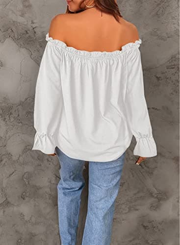 Spriolim Off The Shoulder Tops for Women Long Sleeve Casual Fashion Elegant Ruffle Chiffon Shirts White, Large - Image 4