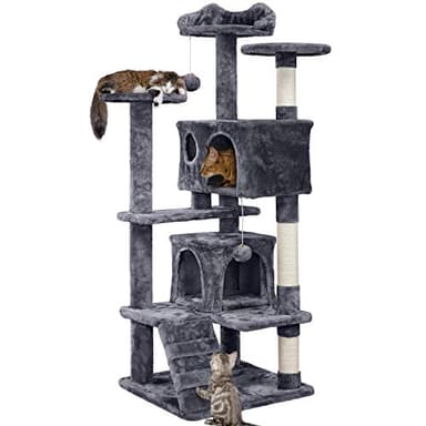 Yaheetech 54in Cat Tree, Multi-Level Cat Tower with Spacious Kitten-ear Perch, 2 Cozy Caves, Scratching Posts, Climbing Ladder, 2 Plush Balls, Durable Pet House Furniture for Indoor Kittens, Dark Gray - Image 1