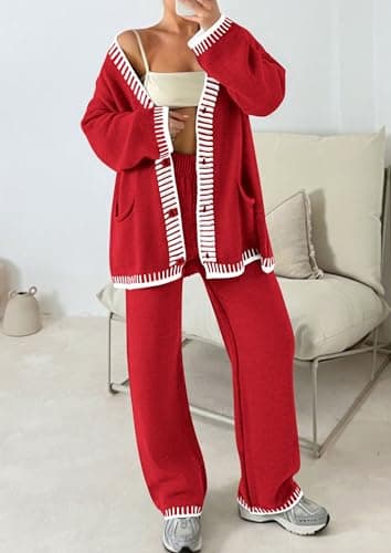 PRETTYGARDEN Lounge Sets for Women Fall 2025 Loungewear 2 Piece Outfits Cardigan Sweaters Track Suit Matching Winter Clothing (Red,X-Large) - Image 7