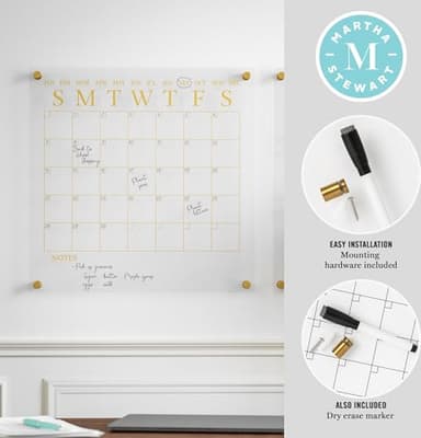 Martha Stewart Grayson Acrylic Wall Calendar and Notes Board with Dry Erase Marker, Clear with Black Print, Set of 2 - Image 7