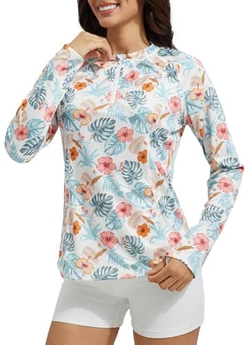 baleaf Swim Shirts for Women Long Sleeve Rash Guard Quarter Zip Sun Shirts UV Protection Bathing Suit Top with Zipper Pockets White Floral S - Image 1