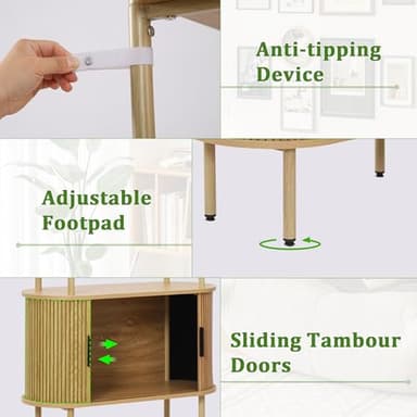 71" Tall Fluted Arched Bookshelf with Sliding Tambour Doors, Mid Century Modern Metal Curved Bookshelf Cabinet with Storage, 4-Tier Open Display Storage Shelf for Home Office, Living Room (Natural) - Image 7