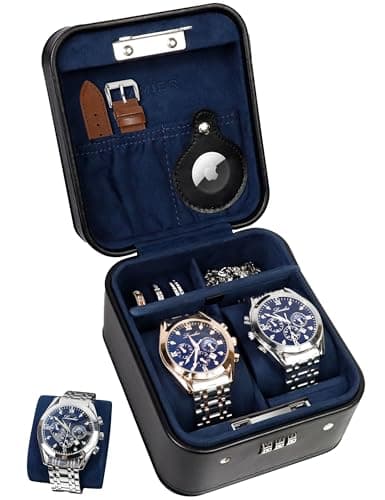 KAMIER Watch Travel Case with Combination Lock - 2 Watch Storage and Jewelry Organizer - Watch Case for Ring and Watch Storage, PU Leather Travel Watch Case, Ideal for Gift (With Gift Box) (Black) - Image 1
