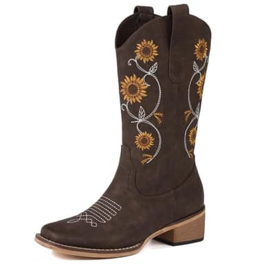 Bybmorto Brown Cowboy Boots for Women - Mid Calf Western Sunflower Cowgirl Boots with Floral Embroidery, Square Toe Stitched Pull On Retro Design, Perfect for Country Idyll, Concerts and More Size 8 - Image 1