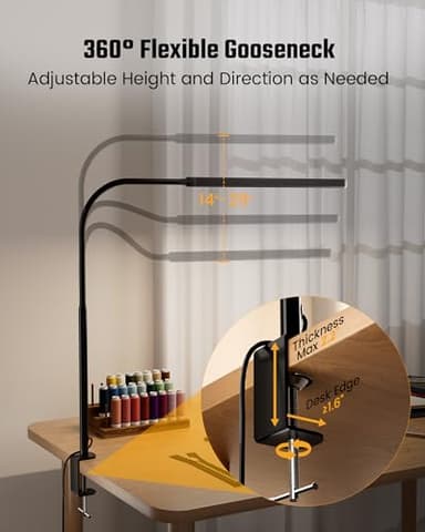 SUPERDANNY Eye-Caring LED Desk Lamp 360° Flexible Gooseneck Work Lamp with Desk Side Clamp Touch Control 3 Light Colors Smooth Dimming Task Lighting Reading Light for Home Office College Dorm, Black - Image 7