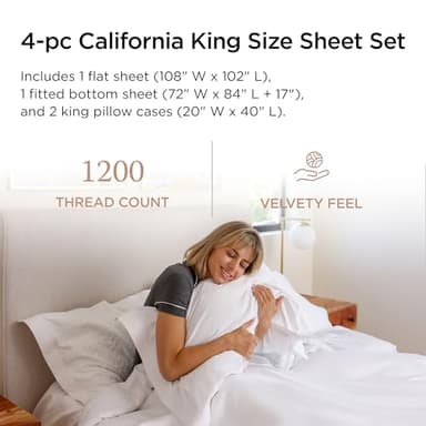 Threadmill Supima Cotton Sheets - 1200 Thread Count, 100% Cotton Cal King Bed Sheets Set, 4 Pc White with Elasticized Deep Pocket - Image 2