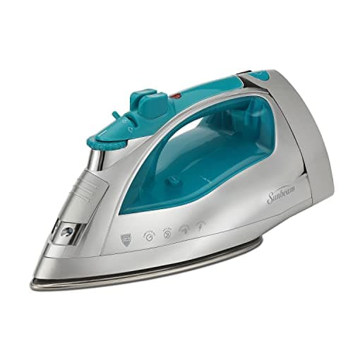 Sunbeam Turbo Steam Iron, 1400 Watt, Nonstick Ceramic Soleplate, Horizontal or Vertical Shot of Steam, Quick Heating, 3-Way Auto-Off, White and Chrome (Chrome/Teal) - Image 1