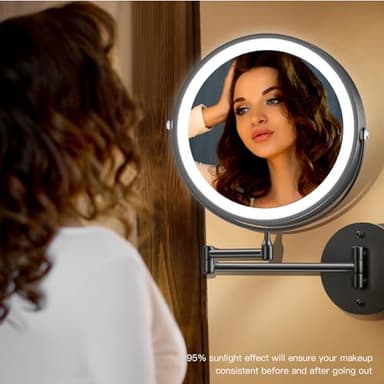 MNIENT Wall Mounted Lighted Makeup Mirror, 8" Rechargeable Double-Sided Light up Magnifying Mirror 1x/10x,3 Color Led Vanity Mirror with Lights,Touch Dimmable 360° Rotation Foldable-Black - Image 7