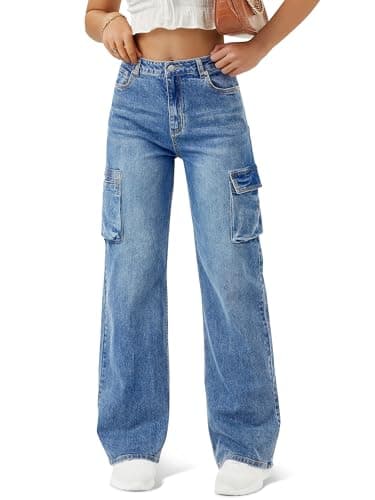 Women High Waisted Cargo Jean for Women with 6 Pockets Straight Wide Leg Jean Casual Baggy Pants Blue - Image 1