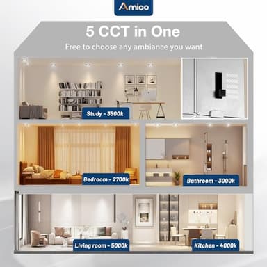 Amico 24 Pack 4 Inch Black 5CCT Ultra-Thin LED Recessed Ceiling Light with J-Box, 2700K/3000K/3500K/4000K/5000K Selectable, 10W Eqv 70W, Dimmable Canless Downlight, 800LM High Brightness, ETL, FCC - Image 2
