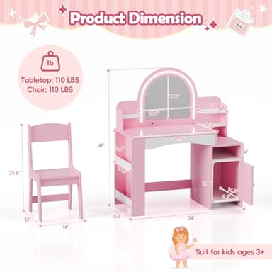 MU Kids Vanity with Lights, Princess Makeup Vanity Desk with Open Bookshelf, Storage Cabinet & Shelves, 2 in 1 Toddler Vanity Table & Chair Set with Lighted Mirror for Little Girls, Pink - Image 7