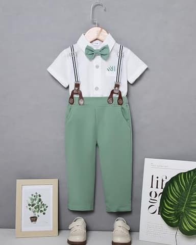 SANMIO Toddler Baby Boy Clothes Suit Gentleman Wedding Outfits, Formal Dress Shirt with Bowtie + Suspender Pants 1-5 Years - Image 7