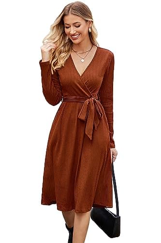 Newshows Womens 2025 Fall Dresses Teacher Church Business Casual Work Outfits Knit Midi Sweater Pockets Belt Dress(Caramel, L) - Image 1
