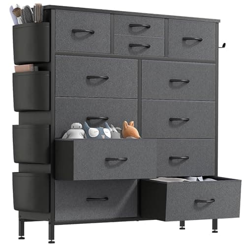 Lulive Dresser for Bedroom with 12 Drawers, Tall Dresser Chest of Drawers with Side Pockets and Hooks, Fabric Dresser Storage Tower for Closet, Hallway, Living Room (Dark Grey) - Image 1
