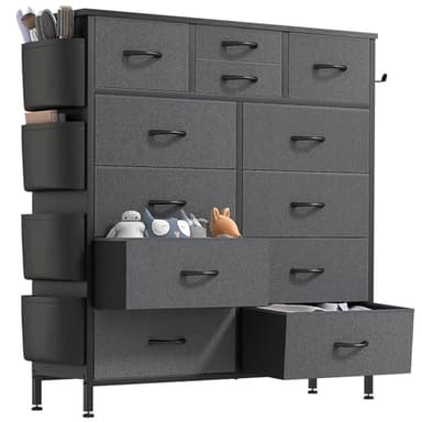 Lulive Dresser for Bedroom with 12 Drawers, Tall Dresser Chest of Drawers with Side Pockets and Hooks, Fabric Dresser Storage Tower for Closet, Hallway, Living Room (Dark Grey) - Image 1