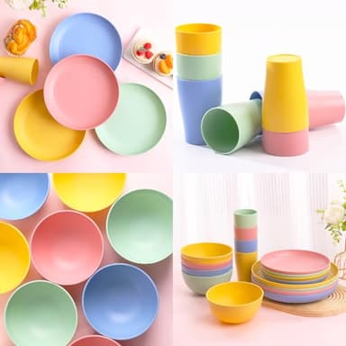 Gudvilla 32 pcs Unbreakable Lightweight Wheat Straw Dinnerware Sets for 8, Reusable Kids Plates and Bowls Sets Non Toxic, Microwave and Dishwasher Safe Plastic Dishes Set, Camping RV Picnic Dishes - Image 4