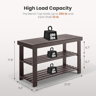 Sweetcrispy Shoe Rack Bench, 3-Tier Bamboo Entryway Storage Organizer, 286lb Capacity, Shoes Stand for FrontDoor Entrance, Bedroom, Living Room, Bathroom, Balcony, 11.3 x 27.6 x 17.8 Inches, Brown - Image 3