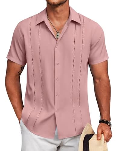 COOFANDY Guayabera Shirts for Men Short Sleeve Button Down Shirts Summer Beach Wear Dusty Pink - Image 1