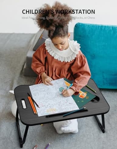 ZEAPTAC Laptop Bed Desk, Foldable Lap Table, Portable Study Table, Laptop Stand with Cup Holder & Tablet Slot & Lifting Handle for Working Writing Drawing & Eating - Black - Image 3