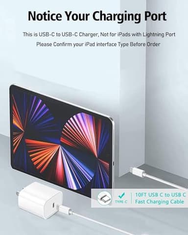 10FT iPad Charger Cord, 20W USB C Fast Charger with Long Charging Cable for iPad Pro 13/12.9/11 inch, iPad 10th Generation, iPad A16 11th Generation, iPad Air 13/11 inch/5th/4th, iPad mini 6/7th - Image 2
