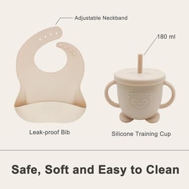 Munlinder Silicone Baby Feeding Set | Baby Led Weaning Supplies Includes Suction Bowls and Divided Plates, Adjustable Bib, Baby Utensils Spoons and Forks,Cup | Baby Feeding Essentials (Beige) - Image 4