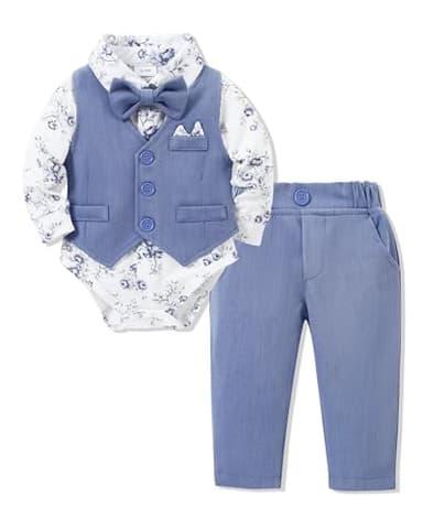 YALLET Baby Boy Clothes Suit 0-24 Months Infant Gentleman Outfits Formal Dress Shirt+Bowtie+Vest+Pants Set Baby Wedding Suits Blue - Image 1