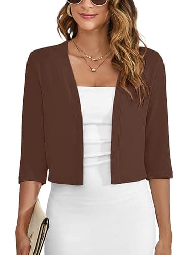 Heymoments Women's Thin Shrugs for Dresses Open Front Coffee Medium Knit 3/4 Sleeve Lightweight Coat Cropped Tops Shawls and Wraps Cardigan Dressy Sweater Clothes - Image 1