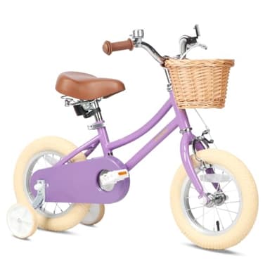 Petimini 14 Inch Little Kids Bike for Age 3 4 5 Years Old Girls Retro Vintage Style Bicycles with Basket Training Wheels and Bell, Purple - Image 1