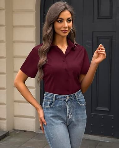J.VER Short Sleeve Shirts for Women Button Down Shirt Wrinkle Free Business Dressy Casual Tops Regular Fit Fashion Office Summer Blouse Burgundy Large - Image 5