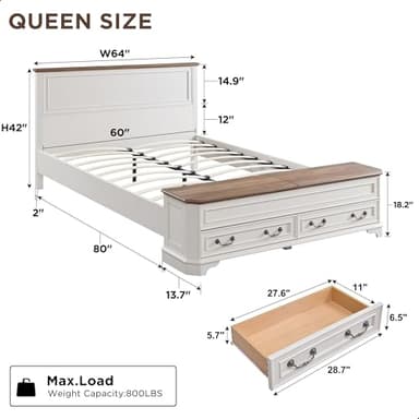 T4TREAM Farmhouse Queen Bed with Headboard and Storage Bench, Rustic Wood Platform Bed with 64" Storage Chest w/ 4 Large Drawer (Antique White) - Image 2