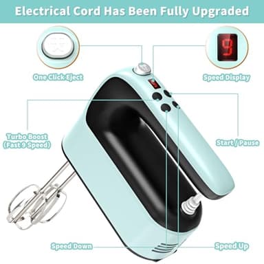 Yomelo 9-Speed Digital Hand Mixer Electric, 400W Powerful DC Motor, Baking Mixer Handheld with Snap-On Storage Case, Touch Button, Turbo Boost, Dough Hooks, Whisk (Ice Blue) - Image 3