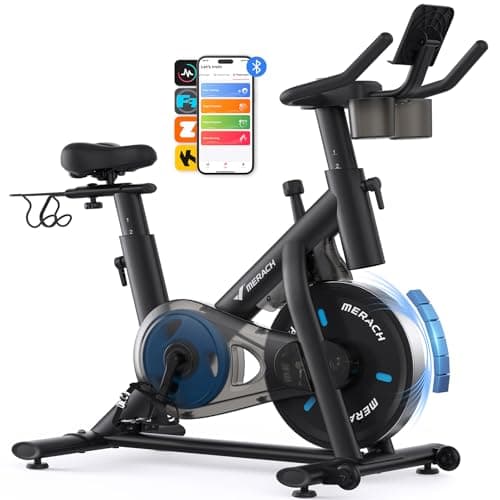 MERACH Exercise Bike, Brake Pad/Magnetic Stationary Bike with Exclusive App, Low Noise Indoor Cycling Bike with 270LBS Weight Capacity, Dumbbell Rack and Fitness Courses for Weight Loss - Image 1