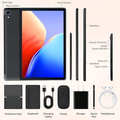 Tablet,10.1" Android 15 Tablet with Octa-core Processor 24GB RAM 128GB ROM HD IPS Touchscreen 8H Battery, Wi-Fi 6, BT 5.0, Dual Camera, Android 15 Tablets with Keyboard Mouse Stylus Case Headphone - Image 8