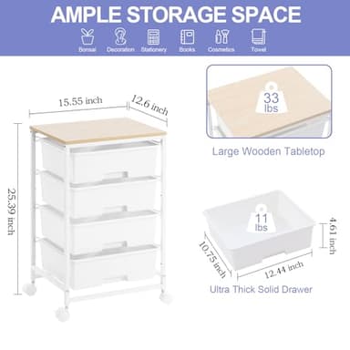 SYKIARIOL Utility Cart with 4 Drawers, Multipurpose Rolling Storage Cart with 4 Drawers and 2 Lockable Wheels, 4-Tier Rolling Storage Cart Organizer for Home Office Dorm, Bright White - Image 5