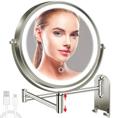 CONLWIN 8" Wall Mounted Lighted Makeup Mirror, 3000mAh Rechargeable Double Sided 1X/10X Magnifying Mirror with Hook, 3 Color Lights Touch Dimmable 360° Rotation Vanity Mirror for Bathroom - Image 1