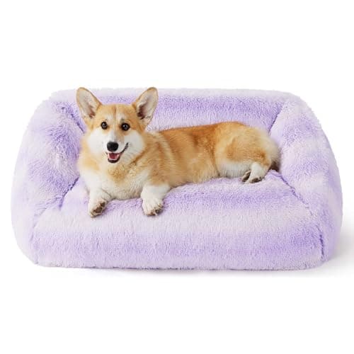 Lesure Dog Bed Medium Size - Cute Furry Calming Puppy Beds, Rectangle Washable Indoor Pet Beds with Removable Zipper Cover, 35x25x11inches, Purple Stripe - Image 1