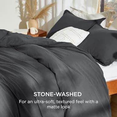 Bedsure 100% Stone Washed Cotton Duvet Cover King - Charcoal Minimalist Cotton Duvet Cover Set Linen Like - 3 Pieces GentleSoft™ Plain Simple Bedding Set with 2 Pillow Shams (Charcoal, King, 104"x90") - Image 2