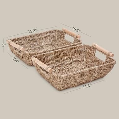 Storage Basket Hand-Woven Large Storage Baskets with Wooden Handles, Seagrass Wicker Baskets for Organizing, 2-Pack - Image 2