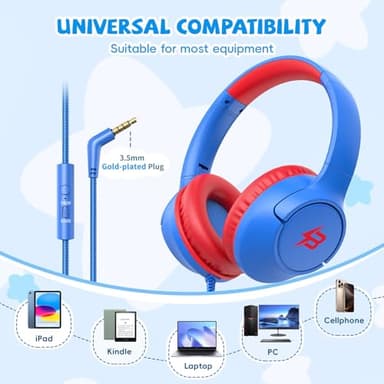 Kids Headphones for School, 85/94 dB Volume Limit, Wired Over Ear Headphones for Kids Boys Girls with Microphone, Foldable Stereo Sound 3.5mm Wired Cord for Kindle Tablet Airplane Travel, Blue - Image 2