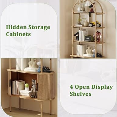 71" Tall Fluted Arched Bookshelf with Sliding Tambour Doors, Mid Century Modern Metal Curved Bookshelf Cabinet with Storage, 4-Tier Open Display Storage Shelf for Home Office, Living Room (Natural) - Image 6