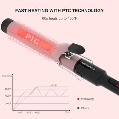 MEGAWISE Pro 1.25 Inch Ceramic Barrel Hair Curling Iron with 60s PTC Fast Heating, Anti-Scald Grip & Tip, Auto Shut Off, 360° Swivel Cord, 2 Clips & Heat-Resistant Glove Included - Image 5