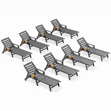 SERWALL Patio Chaise Lounge Chair Set of 8, 5 Positions Adjustable Outdoor Lounge Chair for Pool, Plastic Lounge Chair with Rolling Wheels & Cup Holder for Poolside, Deck, Slate Gray - Image 1