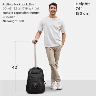 Boavan Rolling Backpack,17 inch Water Resistant Wheeled Backpack,Carry on Luggage Business Bag, Overnight College Computer Trolley Suitcase for Men Women Adults to Travel，Black - Image 4