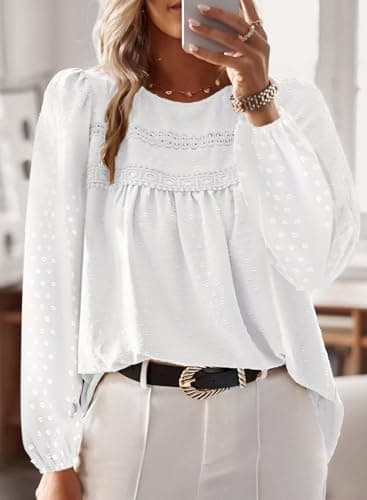 Falechay Plus Size Tops for Women Keyhole Button with Elastic Loop Dressy Casual Crewneck Long Sleeve Flowy Blouses Summer Boho Shirts White 2XL - Image 4