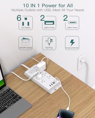 Surge Protector Power Strip, Addtam Flat Plug Extension Cord with 6 Outlet 4 USB Ports (2 USB C), 5FT Outlet Extender Strip for Home Office College Dorm Room Essentials - Image 2