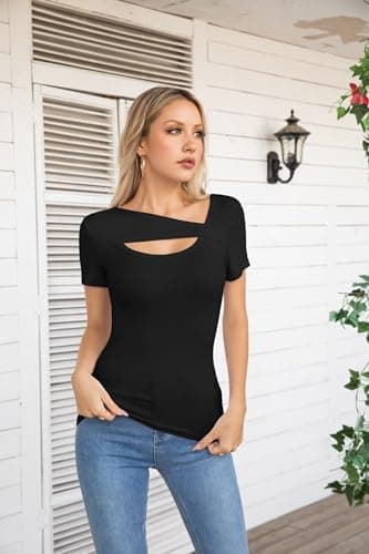 VICHYIE Short Sleeve Shirts for Women Cutout Tops Ribbed Slim Fitted Summer One Piece Square Neck Pullover Tee Cute Tshirts Black M - Image 3
