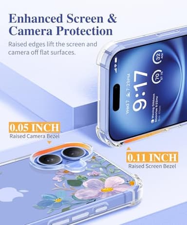 GVIEWIN for iPhone 16 Case, with Screen Protector & Camera Lens Protector, Floral Shockproof Protective Bumper Slim Soft Clear Phone Cover for Women 2024 6.1" (Violet Bloom/Blue) - Image 7